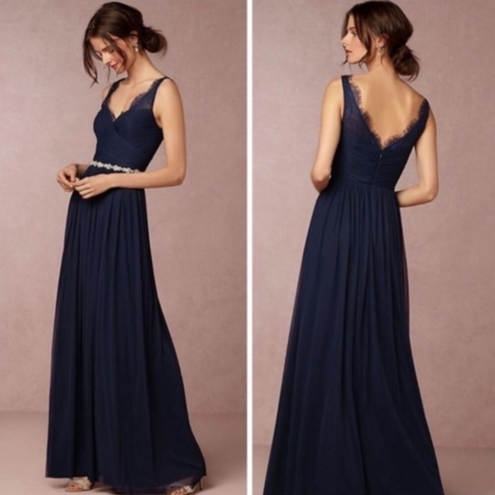 BHLDN Navy Lace-Trim V-Neck Bridesmaid Dress with belt